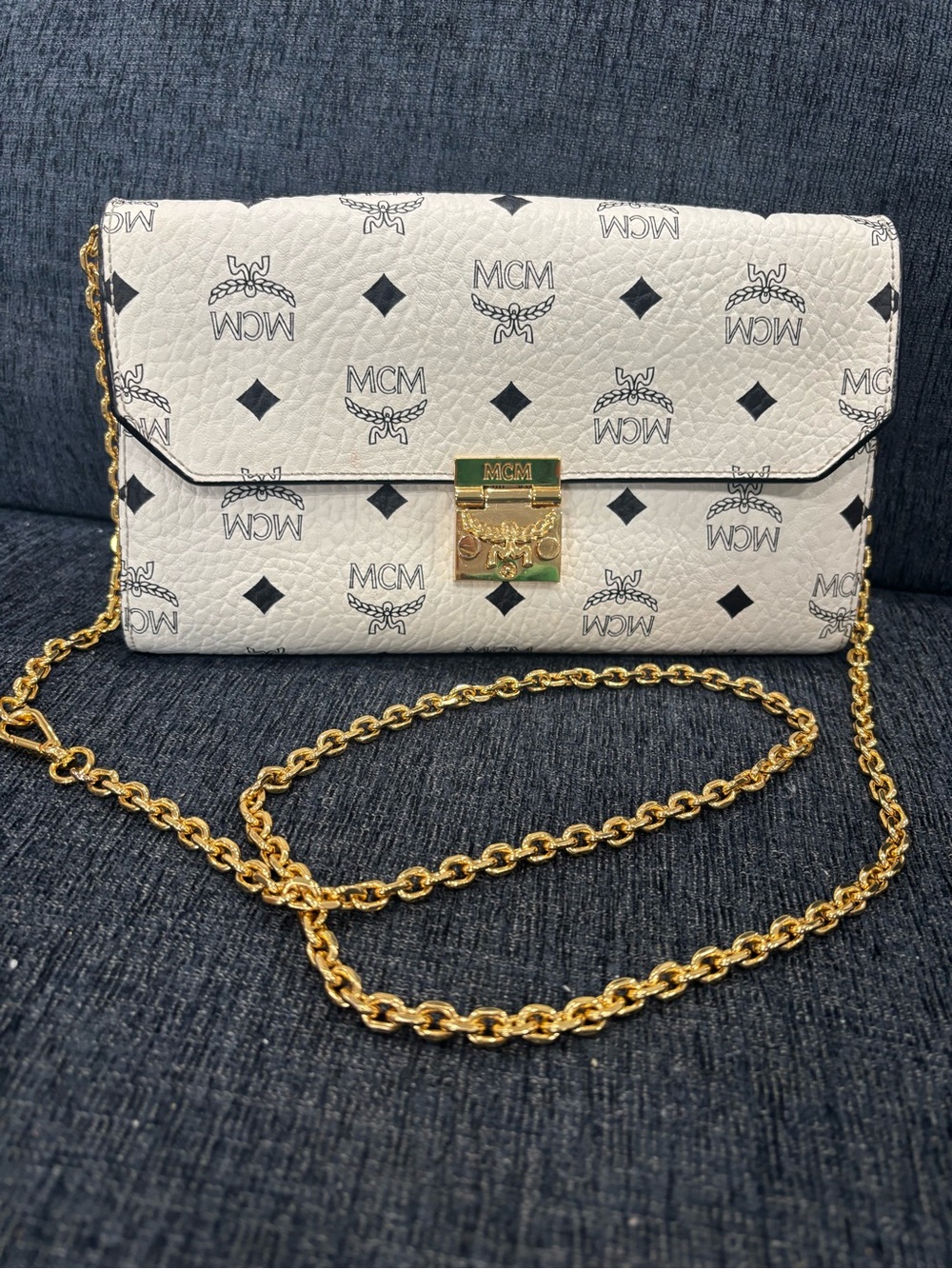MCM White Monogram Leather Chain Crossbody with Gold Hardware